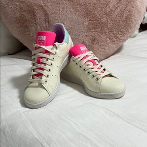 Adidas Women's Stan Smith Cream Sneakers with Pink Accents